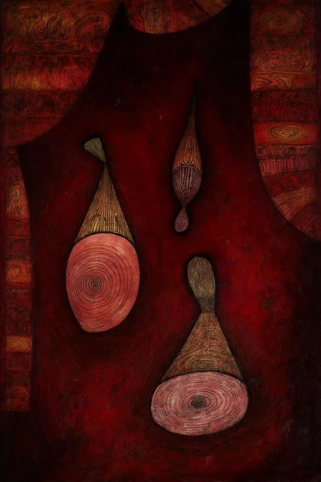 paulklee1 painting. A rich, dark red background with intricate, swirling patterns and textures. Three stylized, elongated, conical shapes with bulbous ends are centrally featured. <lora:paulklee1_cap_d8a4e12:1.0><lora:839866230652304799:0>