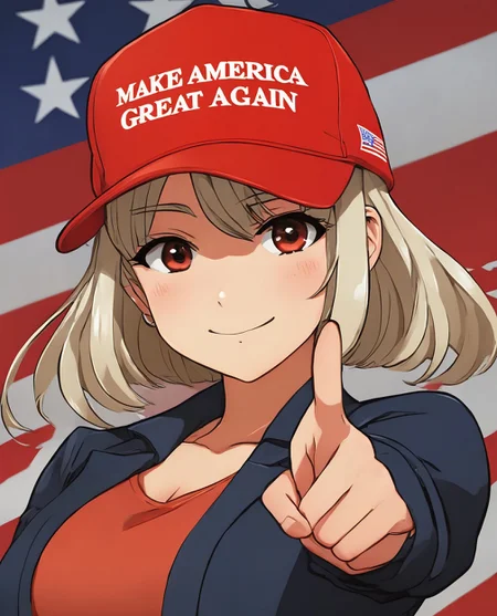 woman wearing red maga hat. upper body. anime cute animals background illustration. comics style. cute anime 1girl. professional. photo. high quality. highres. ([:hat with text "make america great again":0.25]:1.1). <lora:maga_hat_optimized:0.95>