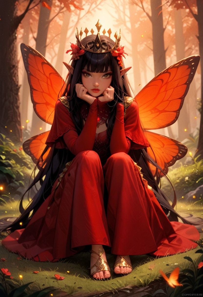 score_9, score_8_up, score_7_up, score_6_up, score_5_up, score_4_up, dynamic scene, 1 fairy girl, long black hair, sitting, hand on grass, very long hair, bangs (black crown with red stones on head: 1.5), head over shoulder, brown eyes, makeup, red lips, plump lips, big red butterfly wings on back, red suit, slim, sexy, seductive , sensitive face, surprised, raised eyebrows, erotic emotions, gold ear jewelry, gold neck jewelry, elf ears, yellow-green forest, night, firefly lights, many fireflies, many small red lights in the background (full body: 1 ,5)