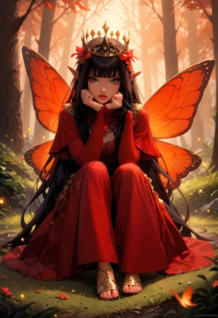 score_9, score_8_up, score_7_up, score_6_up, score_5_up, score_4_up, dynamic scene, 1 fairy girl, long black hair, sitting, hand on grass, very long hair, bangs (black crown with red stones on head: 1.5), head over shoulder, brown eyes, makeup, red lips, plump lips, big red butterfly wings on back, red suit, slim, sexy, seductive , sensitive face, surprised, raised eyebrows, erotic emotions, gold ear jewelry, gold neck jewelry, elf ears, yellow-green forest, night, firefly lights, many fireflies, many small red lights in the background (full body: 1 ,5)