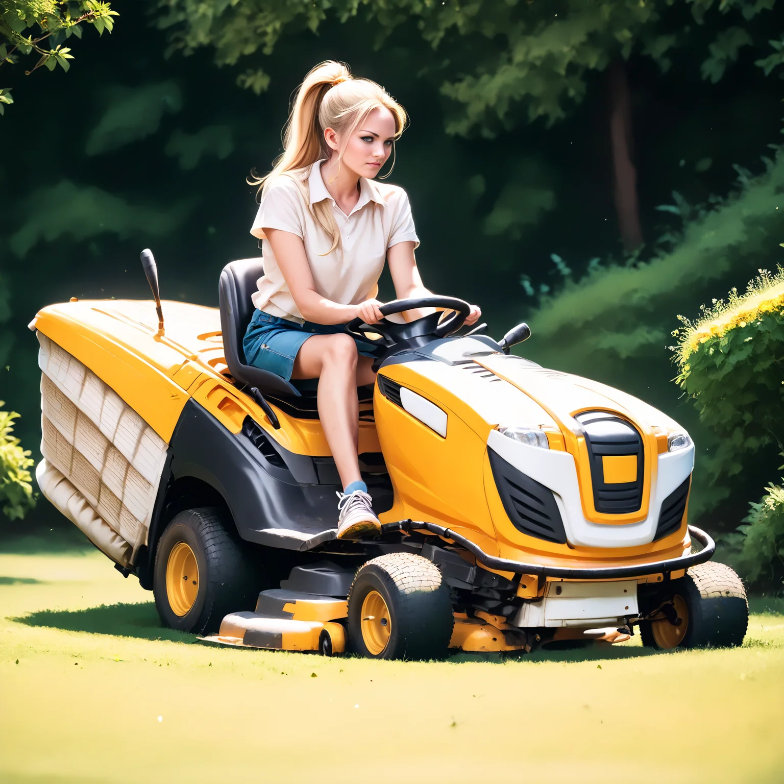 score_9, score_8_up, score_7_up, rilamo (side view) , (slim 25yo female) riding a lawn mower. yellow short skirt, white blouse, sneakers , long blonde ponytail <lora:RideLawnMowerPony:1>