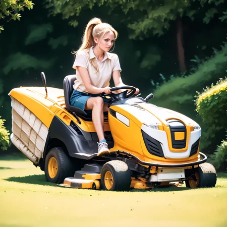 score_9, score_8_up, score_7_up, rilamo (side view) , (slim 25yo female) riding a lawn mower. yellow short skirt, white blouse, sneakers , long blonde ponytail <lora:RideLawnMowerPony:1>