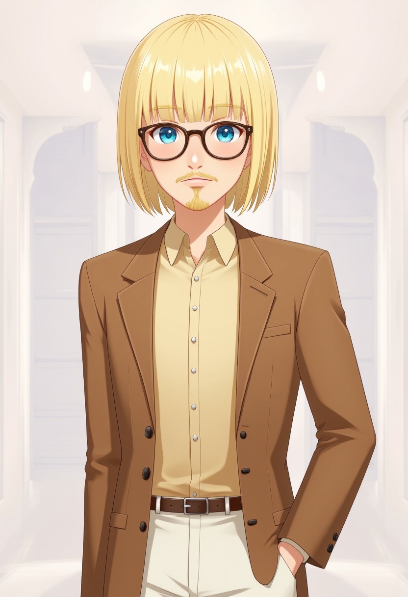 1boy, blonde hair, medium hair, blunt bangs, glasses, blue eyes, goatee, brown jacket, blazer, collared shirt, beige shirt, brown belt, white pants