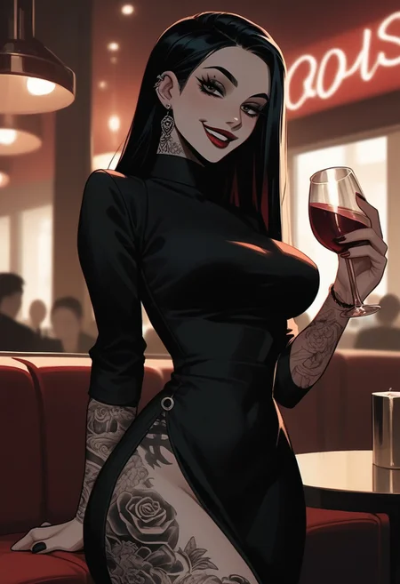 score_9, score_8_up, score_7_up, score_6_up, cute goth girl, luxurious restaurant, tight black dress, (long hair), red lipstick, tattoos, looking at viewer, happy, large natural breasts, anime, hips, flat tummy, cinematic lighting, solo focus, (drinking wine, cheers)