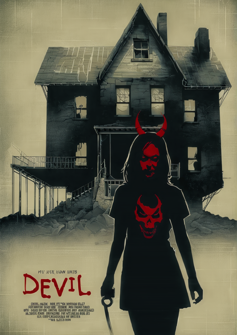 cinexart girl, devil, house<lora:cinexart:1>
