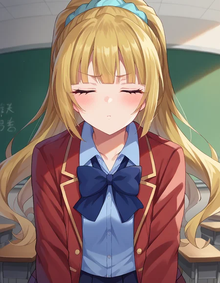 score_9, score_8_up, score_7_up, source_anime, keikaruizawa, <lora:kei-karuizawa-ponyxl-lora-nochekaiser:1>, kei karuizawa, long hair, bangs, blunt bangs, blonde hair, shirt, hair ornament, ponytail, scrunchie, blue scrunchie, skirt, shirt, bow, school uniform, jacket, red jacket, pleated skirt, bowtie, sweater, blue bow, blue shirt, indoors, classroom, looking at viewer, cowboy shot, dutch angle, dynamic pose, <lora:incoming-kiss-ponyxl-lora-nochekaiser:1>, incoming kiss, blush, closed eyes,