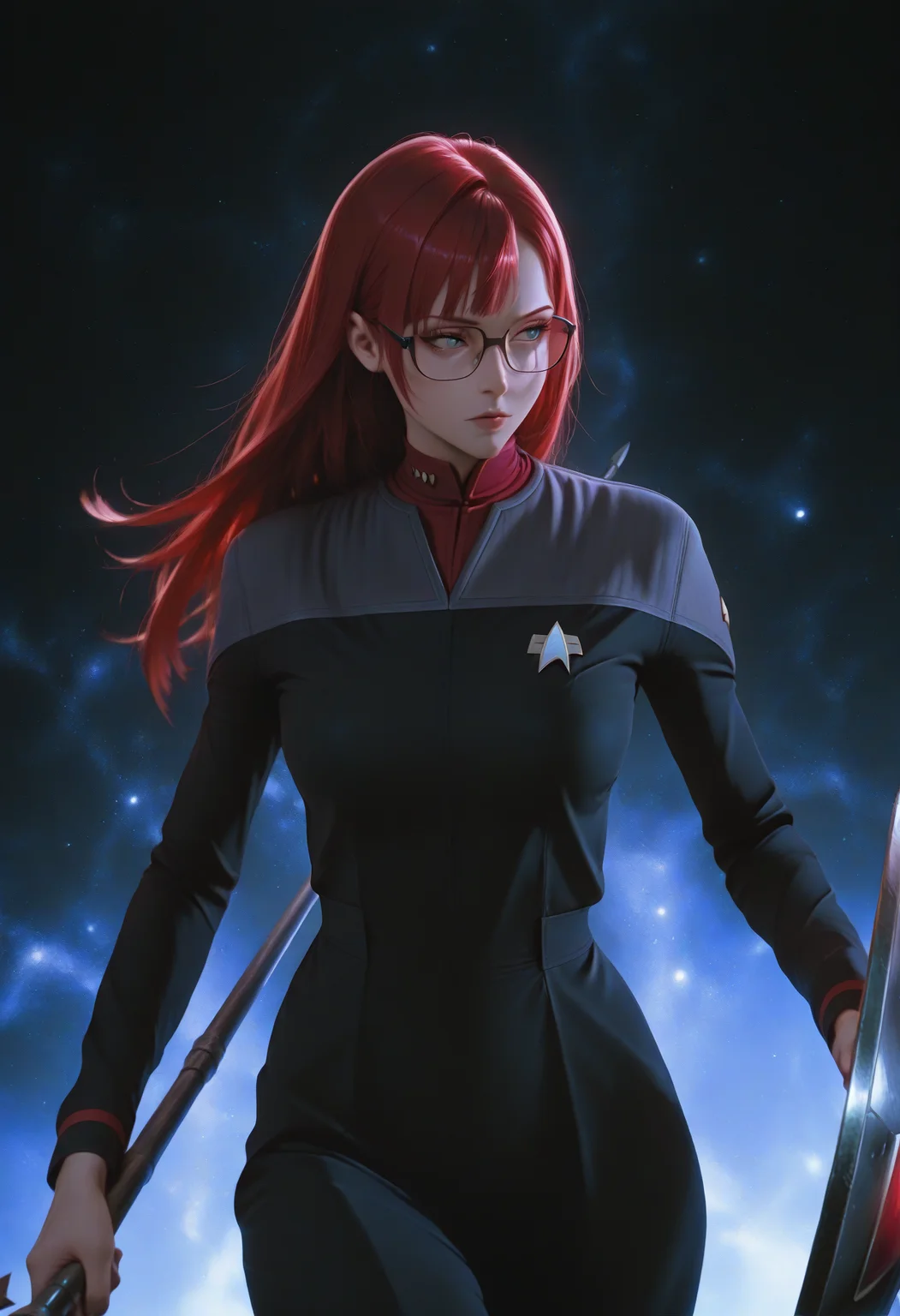 abstract background, colorful, light reflection, a sleek warrior is raising up her shield, holding a black spear, beautiful woman, flawless body, ornamental black glasses, dark background, 1girl, solo, long red hair, straight hair, grey and black DS9 uniform,red neck,long sleeves,grey shoulder,black pants,star trek ,masterpiece,best quality,amazing quality,