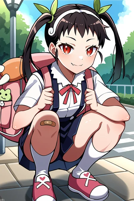 score_9, score_8_up, outdoors, park, squatting, bandaid on knee
BREAK
1girl, hachikuji mayoi, black hair, green bows, twintails, red eyes, ribbon, suspender skirt, suspenders, pink backpack, bandaid on knee, looking at viewer, smile, fang
<lora:hachikuji-2:1>