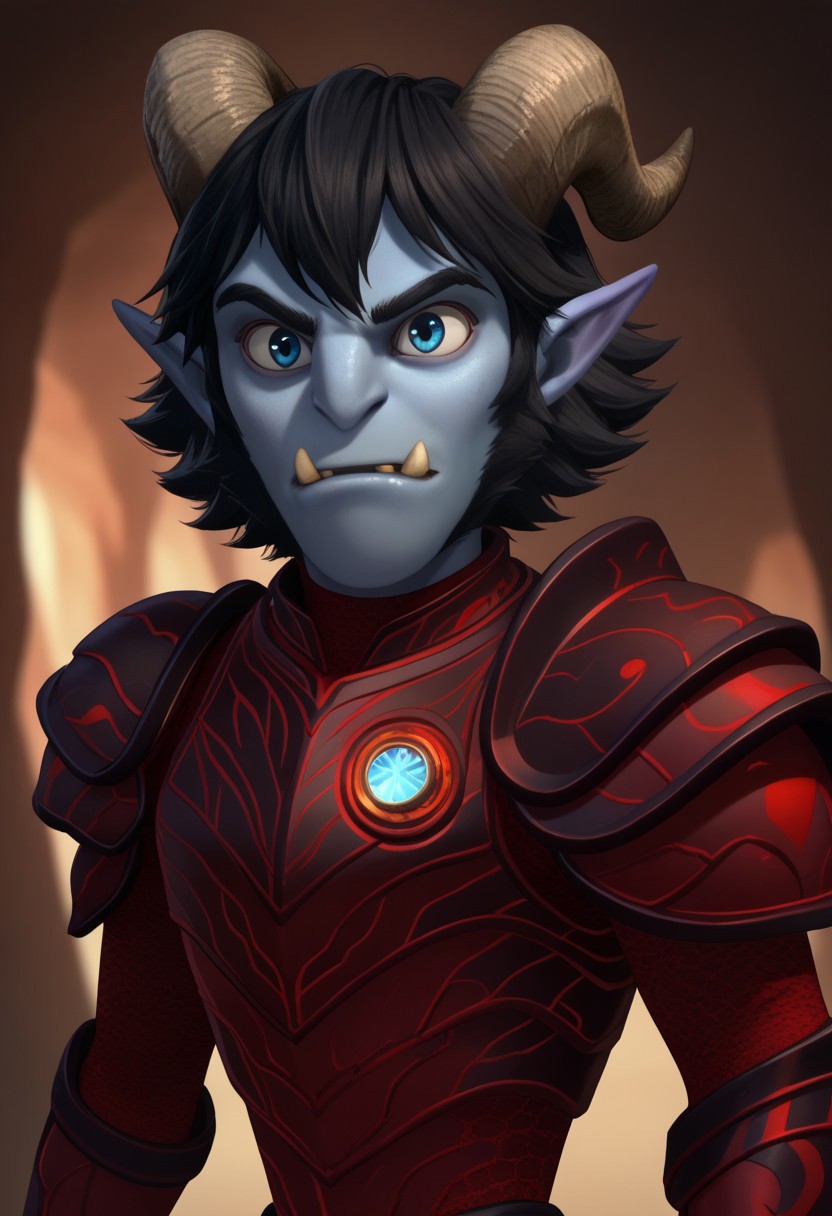 score_9, score_7_up, 
jimth, 1boy, male focus, solo, blue eyes, black hair, troll, colored skin, blur skin, horns, pointy ears, horns, fang, tusks, armor, full armor, red armor, upper body,
indoor, cave