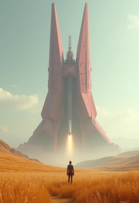 yfg-ge0m, Futuristic alien structure towering over golden wheat fields. Massive angular building with pink-hued metallic surfaces, multiple spires and antennae. Small figure in foreground facing the structure, dwarfed by its scale. Rocket or spacecraft launching in the distance. Rolling hills covered in wheat or tall grass, warm golden color. Dusty atmosphere creating hazy horizon. Pale blue with wispy clouds, suggesting an alien but Earth-like atmosphere. Digital concept art, blending photo-realistic textures with stylized sci-fi elements. Sharp contrasts between organic landscape and geometric architecture. Dominated by warm golds of the field, cool blue sky, and dusty pink tones of the structure. Strong directional light creating long shadows and highlighting the metallic surfaces of the building. Structure dominates the upper half, with the small human figure providing scale and focal point in lower third. Mood: Sense of wonder, exploration, and the contrast between pastoral and high-tech elements. Evokes themes of colonization or first contact on an alien world.