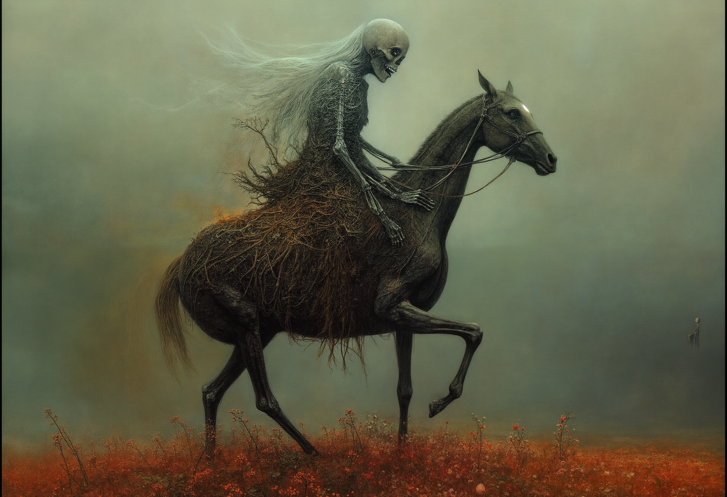 surreal photography, dreamlike imagery, subconscious exploration, bending reality, imaginative narratives, juxtaposing elements, evoking wonder and awe, transcending boundaries, challenging perceptions, fantastical landscapes, otherworldly atmospheres, <lora:Flux\Styles\Beksinski 2\Beksinski.safetensors:0.6:0.6>, A Dark and moody snapshot a broken hearted bride riding a skeleton horse,