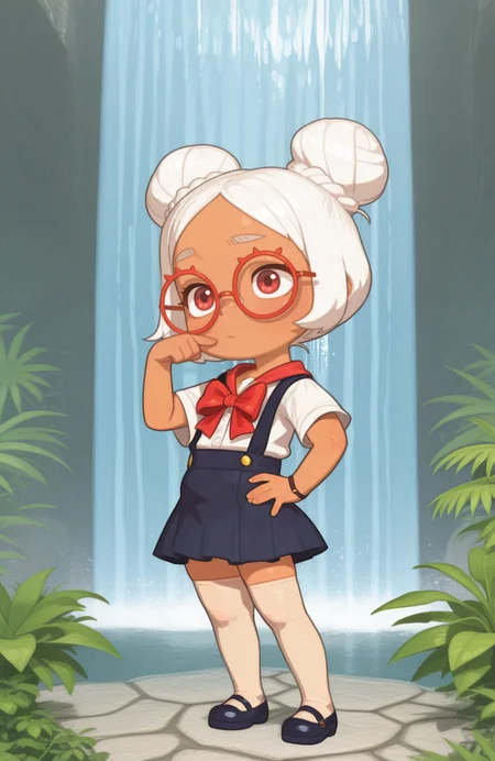 <lora:anatomy_helper:0.8> 1girl, solo, full body, <lora:PossumMachine_v2:0.9> possmach,
<lora:LilPurah-IL:0.8> prhmini, red eyes, red-framed eyewear, red-framed eyewear, dark-skinned female, white hair, double bun, chibi, school uniform, white shirt, suspender skirt, bow, thighhighs, mary janes,
waterfall, stands beside a large indoor plant, one hand on their hip, with a confident and playful demeanor, extremely detailed, highres, masterpiece, best quality
