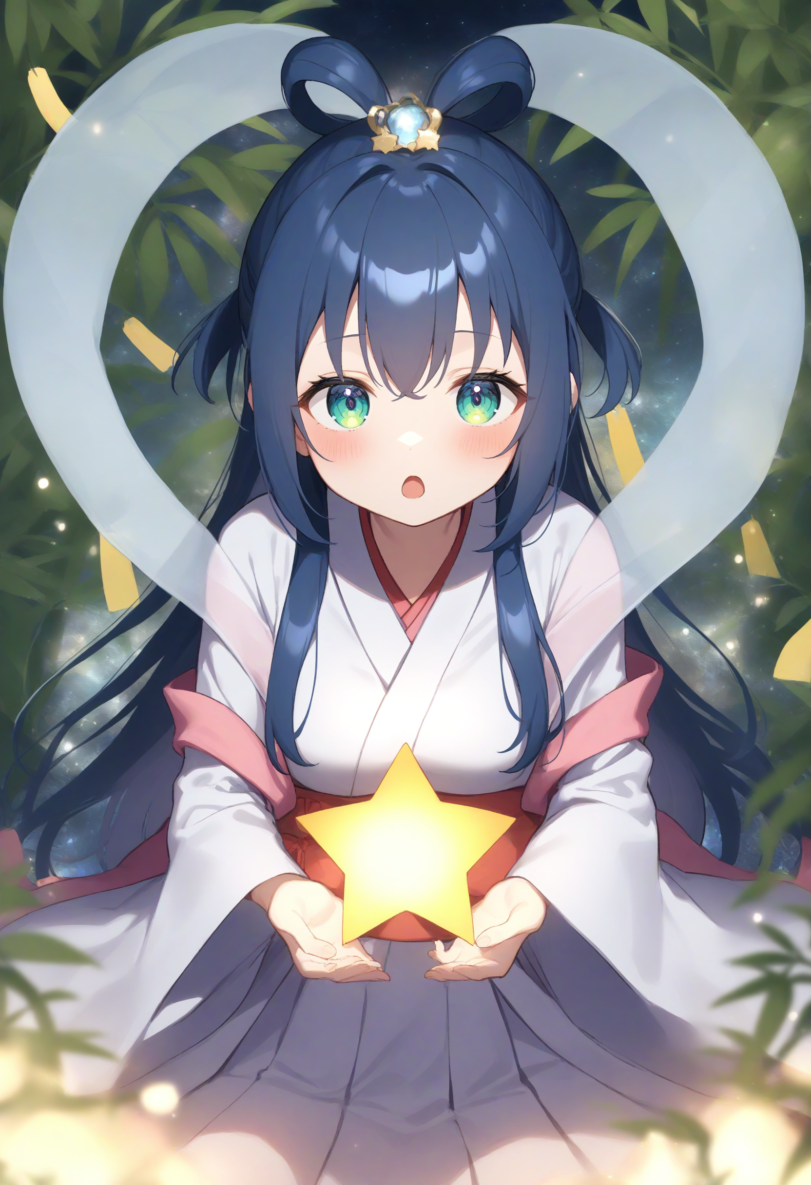 1girl,sincos, ningen mame, toosaka asagi,solo,medium breasts,
orihime, hair rings, hair ornament, shawl, japanese clothes, tanabata, hagoromo, long sleeves, wide sleeves, sash, kimono, star (sky), night,bamboo,tanzaku, <lora:orihime_XL_v1:1.0>
from above, panorama shot, looking at viewer, blue hair, green eyes,expressionless,  open mouth, braid hair,,
best quality, very aesthetic, absurdres