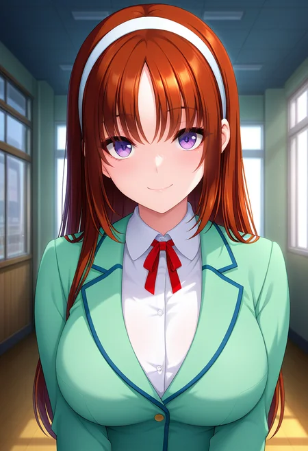 masterpiece, best quality, amazing quality, 1girl, solo, (portrait:1.2), youkoww, purple eyes, brown hair, long hair, straight hair, white hairband, large breasts, school uniform, red neck ribbon, light green blazer, white shirt, long sleeves, looking at viewer, smile, indoors, skindentation, detailed clothing folds, depth of field, sharp, high contrast, dynamic light <lora:Aoi_Youko_Chikankyou_ill:0.8>