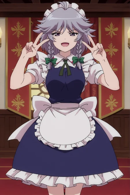 score_9, score_8_up, score_7_up,anime_source, source_anime, best background, detailed background, anime screencap, Sakuya, bow, dress, maid, maid headdress, short sleeves, solo, v fingers, victory fingers, indoors, <lora:JN_Izayoi_Sakuya:0.8>