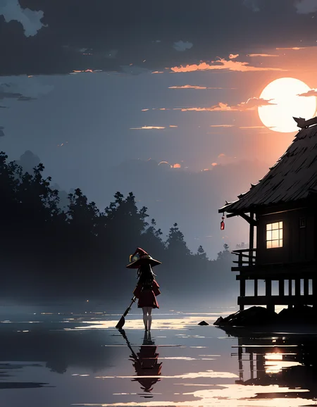Silhouette style 1girl megumin, nude,  staff, from the side, smiling ,
inside Japanese Cabin in Lagoon, Light drizzle Weather Majestic sky at Dawn
<lora:MeguminXL_v2.5:1>, <lora:SDXL - Wrong:1>, ZIP2D . High contrast, minimalistic, black and white, stark, dramatic