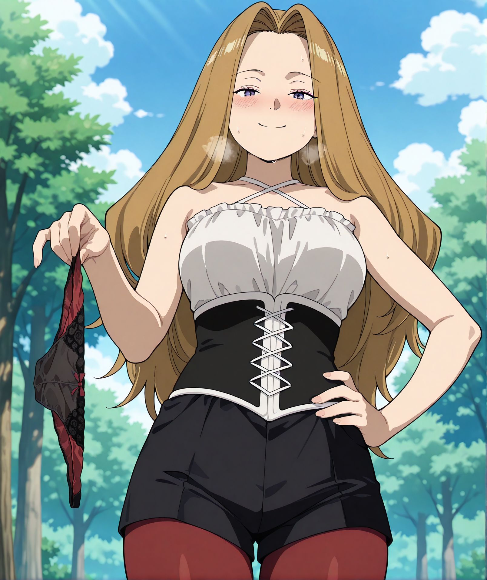 <lora:add-detail-xl:0.5>,,masterpiece, best quality, newest, absurdres, highres, detailed eyes, beautiful, detailed background, perfect eyes, anime coloring, anime screencap,
<lora:Holding_panties:0.5>Holding_pantiesV1,
1girl,panties,looking at viewer, naughty face, 
solo,standing, one hand lift,seductive smile, blush, 
one hand on own hip, heavy breathing, steam , dangling, 
holding panties with one hand,sweat, sweatdrop, no panties, 
<lora:Frieren_Methode:1>,
outdoors, methode, light brown hair, purple eyes, long hair, parted bangs, forehead, sleeveless, criss-cross halter, white shirt, corset, underbust, cross-laced corset, cross-laced clothes, black shorts, red pantyhose, 
methode \(sousou no frieren\), 
sousou no frieren, official art, 
20YO, milf,adult,