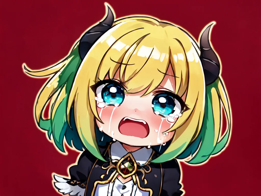 (1girl), (chibi:1.2),(outline:1.3), in hell, green background, (extremely detailed face, beautiful detailed eyes:1.1), tilt shift, scenery, demon, wings, red skin, (masterpiece:1.2), (best quality:1.2), Amazing, highly detailed, beautiful, finely detail, extremely detailed 8k wallpaper, crying crying with eyes open, aqua