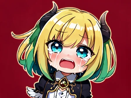 (1girl), (chibi:1.2),(outline:1.3), in hell, green background, (extremely detailed face, beautiful detailed eyes:1.1), tilt shift, scenery, demon, wings, red skin, (masterpiece:1.2), (best quality:1.2), Amazing, highly detailed, beautiful, finely detail, extremely detailed 8k wallpaper, crying crying with eyes open, aqua