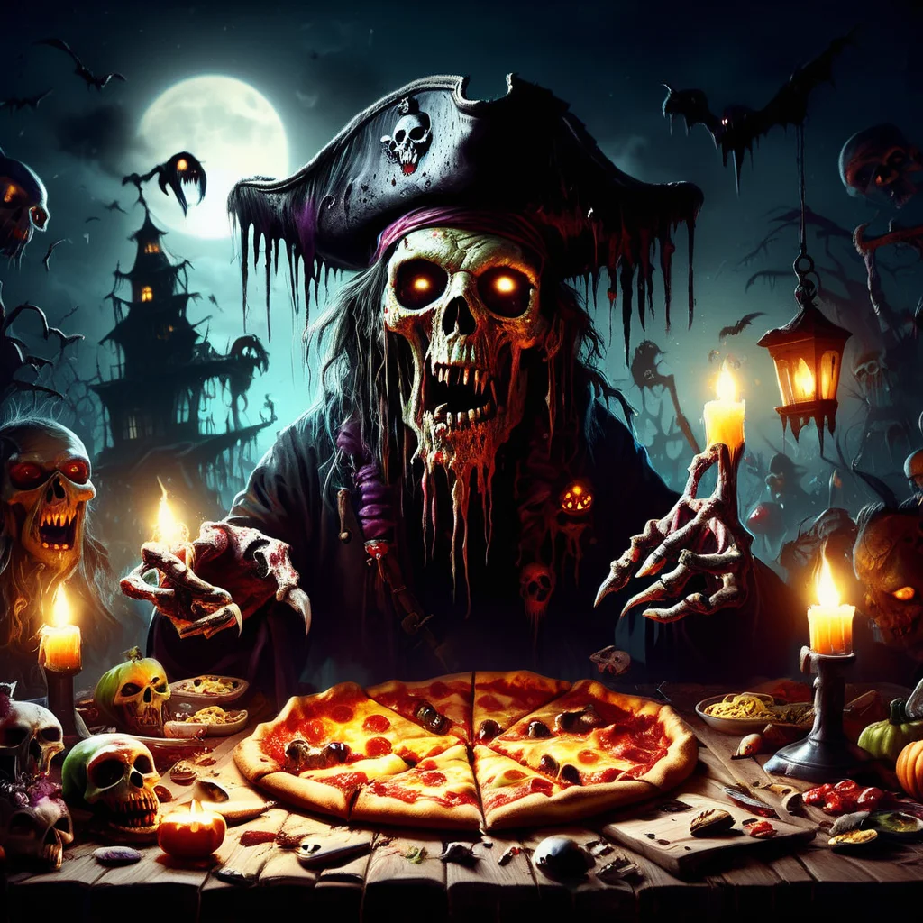 ((realistic,digital art)), (hyper detailed),donmcr33pyn1ghtm4r3xl Zombie Pirate, Demonic, Witch Hat Pizza, Candlelit, , <lora:Creepy_Nightmare-000014XL:1>