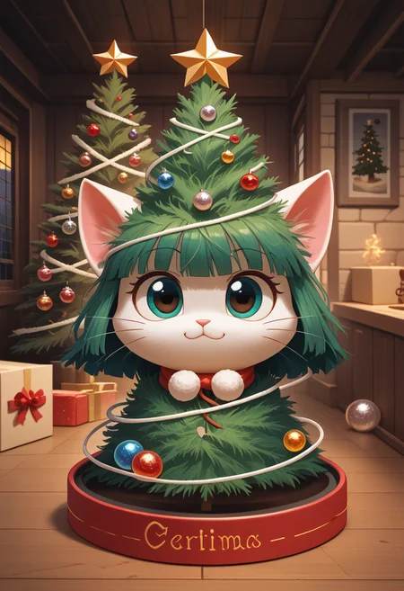colorful glass ball made for Christmas tree full of glitter streams and dust cloud, image of cute cat face without body of ball surface, (((warm colors))), green, intricate details, paper art, pleated paper, folded, origami art, pleats, cut and fold, centered composition, no humans