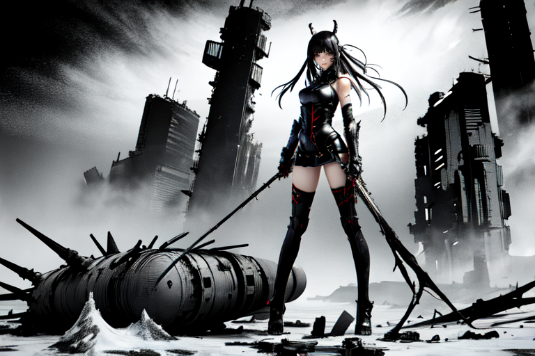 highly insanely detailed, masterpiece, top quality, best quality, highres, 4k, 8k, RAW photo, (very aesthetic, beautiful and aesthetic),  
tsutomu nihei,nihei_tsutomu,blame!,blame gakuen!,abara,TNstyle,sidonia_no_kishi,wire,walkway,dark background,dystopia,destroyed,vast scenery,perspective,cyberpunk,science fiction, 
<lora:ABARA:0.7>, 
(1girl:1.3), 
solo focus, 
deep crimson background,tie-dye background,pastel gray background,(bold color background,colored geometric background,colored digital glitch background),âââ