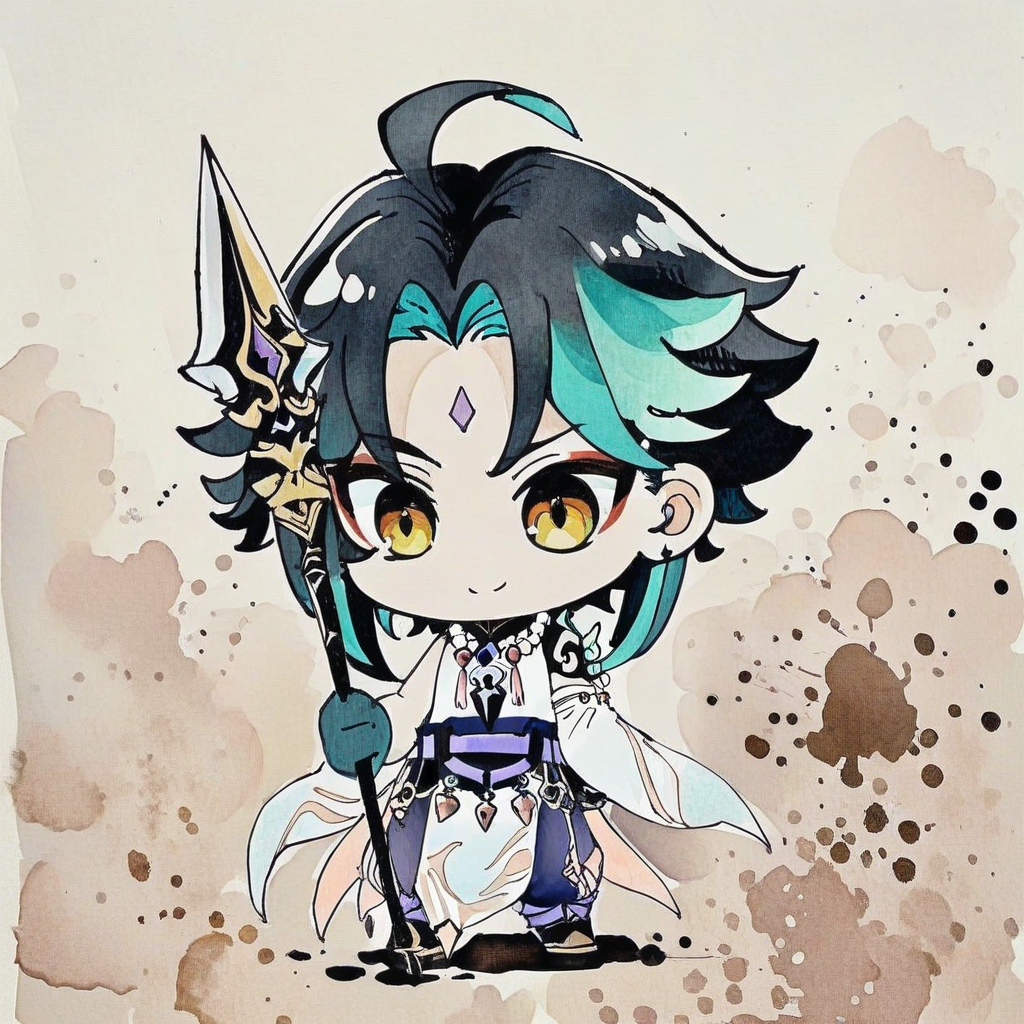 <lora:pen-drawing_A3.1_XL:1>,(pen_art_style, pen_drawing_style),(masterpiece,best quality), solo,1boy,male focus,xiao \(genshin impact\),smile,necklace,chibi,simple background,polearm,white background,jewelry,holding,gloves,green hair,multicolored hair,bead necklace,beads,weapon,tattoo,ahoge,holding polearm,parody,holding weapon,bangs,green gloves,arm tattoo,forehead mark,black hair,spear,parted bangs,full body,asymmetrical clothes,black eyes,closed mouth,standing,facial mark,single detached sleeve,meme, (ink-style_ink_wash_painting)