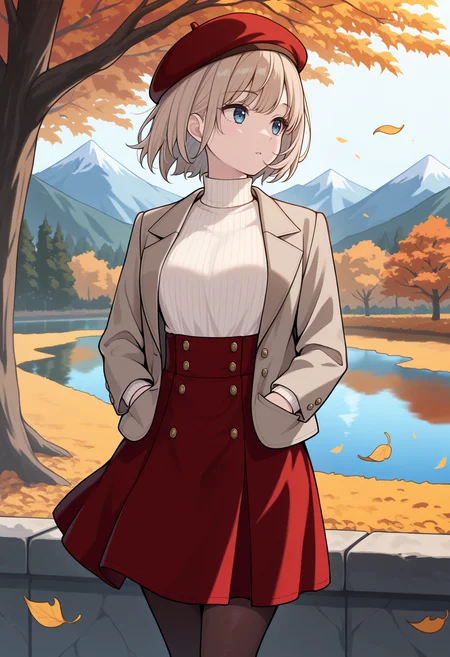 masterpiece, best quality, looking to the side, 1girl, short hair, light brown hair, blue eyes, beret, blazer, turtleneck, high-waist skirt, pantyhose, hands in pocket, outdoors, autumn, lake, tree, mountain, falling leaves, wind