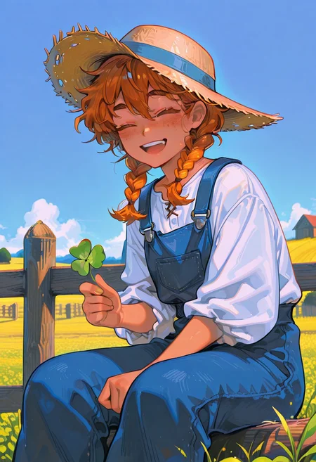 1 girl , closed eyes ,medieval , holding four leaf clover  , freckles , smile , tomboy , tan skin , twin braid , braided hair , orange hair , overalls , sitting , wooden fence , farm , bright , blue sky , straw hat , open mouth, looking at viewer , 
masterpiece, best quality ,amazing quality ,n0riuma_illu , n3k0 ,momosp ,