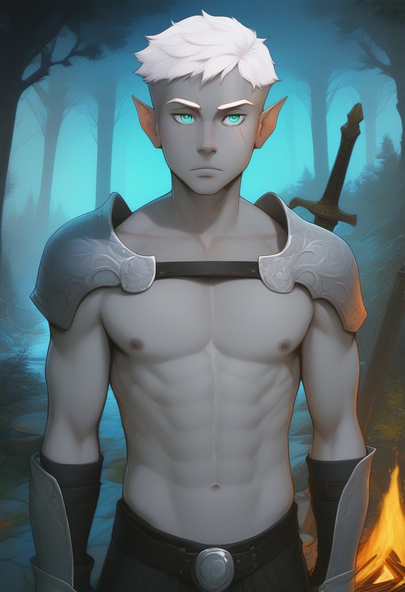 score_9, score_8_up, score_8, score_7_up, male, perfect eyes, detailed irises, small irises, pupils, detailed eyebrows, detailed eyelids, standing, natural stance, facing away from viewer, 25 years old, handsome, expressionless,  narrow mouth, ((pale grey tipped ears)), (half_elf:0.5), dark elf, (((grey skin))), ((white hair)), (((short white hair))), short cut sides, perfect eyebrows, symmetrical eyebrows, ((white eyebrows)), grey ears, pointed_ears:0.5, (pointed human ears), eyebrow scar on left side of face, cheek scar, ((detailed turquoise eyes)), 1boy, solo, sexy, athletic, abs:0.5, (shirtless, chest strap), shoulder armor, half cape, gauntlets, ((sword-over-shoulder, weapon over shoulder, (((crossguard hilt))), hilt over shoulder))), (pitch black sword) strapped to back, vox machina style, solo, at night, warlock, fantasy, forest background, (dynamic lighting:1.1), campfire
((masterpiece)), dynamic angle
