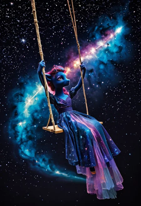 masterpiece, high detail, sfw, a girl sitting on a swing suspended between stars, her hair and dress seamlessly blending into a colorful galactic nebula, night sky filled with shooting stars, "Galaxy Pony"