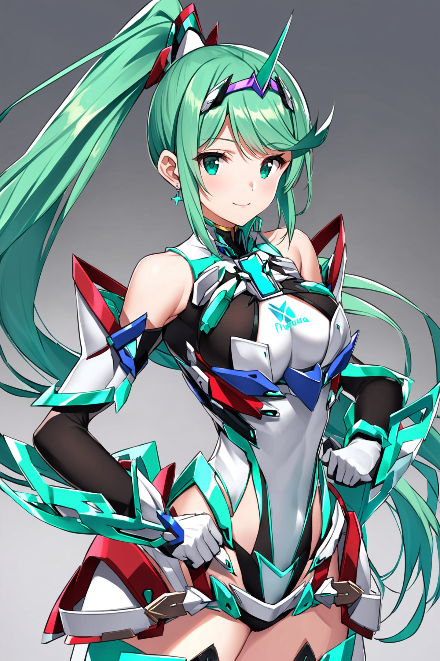 1girl,pneuma (xenoblade),green eyes,long hair,breasts,ponytail,bangs,green hair,solo,large breasts,tiara,very long hair,swept bangs,simple background,jewelry,earrings,gloves,chest jewel,looking at viewer,standing,grey background,white background,smile,<lora:saitom_XL:0.8>,