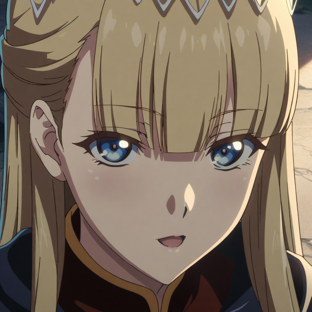 seras_ashrain, 1girl, blue eyes, solo, blonde hair, long hair, open mouth, bangs, blunt bangs, anime coloring, upper body view, seductive smile, portrait, looking at viewer, <lora:XL-SerasAshrain:1>, (masterpiece),(best quality),(ultra-detailed),(best illustration),(best shadow),(absurdres),(detailed background),(very aesthetic),