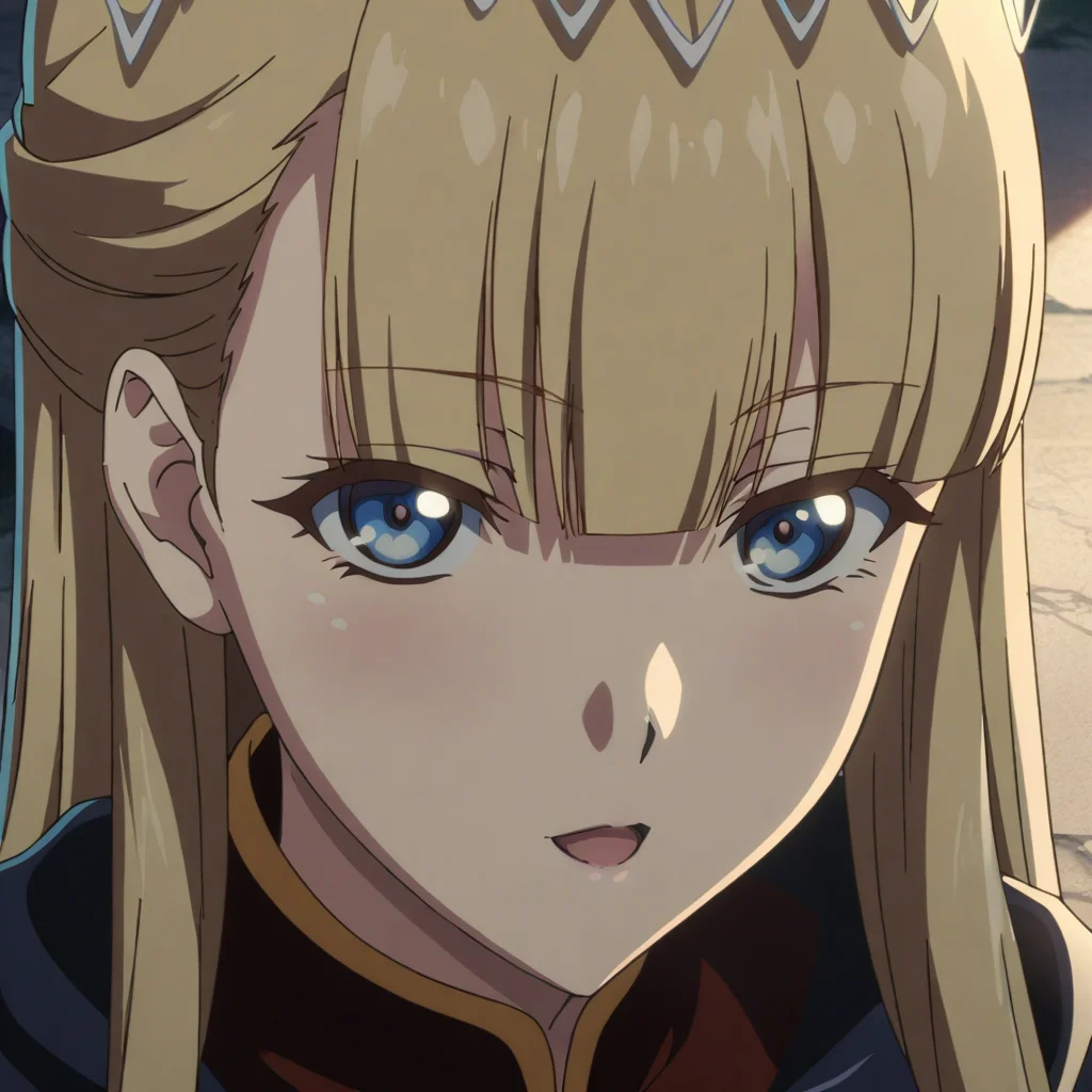 seras_ashrain, 1girl, blue eyes, solo, blonde hair, long hair, open mouth, bangs, blunt bangs, anime coloring, upper body view, seductive smile, portrait, looking at viewer, <lora:XL-SerasAshrain:1>, (masterpiece),(best quality),(ultra-detailed),(best illustration),(best shadow),(absurdres),(detailed background),(very aesthetic),
