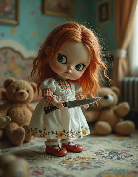 A whimsical scene depicting a child's doll coming to life, but with a dark and unsettling twist, The doll is dressed in stereotypically 'good girl' clothing, but its expression is calculating and distant, It holds a miniature knife close to its tiny little hand, as if contemplating a slice of someone's face, The background is a cozy living room with painted furniture and teddy bears, but the colors are off-kilter and the detail slightly exaggerated, Use a pastel color palette with unexpected, dark accents, The overall tone should be one of sweet horror, where the viewer questions who truly is good and who is bad, , (&:0)