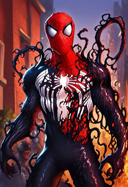score_9, score_8_up, score_7_up, 1boy, msm_peter, venom spider-man, mask, venom_assimilation, black suit, transformation, venom, corruption, black slime (substance), tentacles, depth of field, vfx