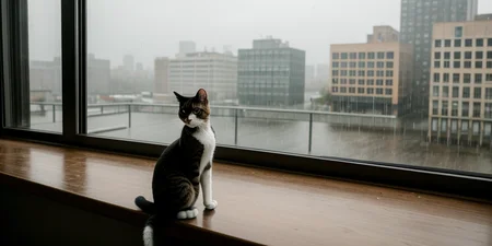 photo of a sad lonely cat at home, featuring a siamese cat perched on a windowsill, gazing wistfully out at the rainy landscape beyond. The important feature of the image is the cat's forlorn expression, framed by streaks of raindrops on the window pane. More details include the cat's sleek fur and the blurred outlines of city buildings in the background, adding to the sense of urban isolation. The pose of the cat is stoic yet contemplative, as if lost in thought. Shot framing is wide, capturing both the cat and the rainy cityscape to evoke a sense of longing and solitude. The setting/background is a dimly lit room with muted colors, contrasting with the vibrant hues of the outside world. Under soft, natural lighting with a hint of gray, the effect enhances the mood of melancholy and introspection. Shot from a high angle using a Canon EOS 5D Mark IV, the camera captures the cat's perspective as it gazes out into the rainy day. In the style of fine art photographer Gregory Crewdson, the image explores themes of loneliness and alienation in the modern urban environment