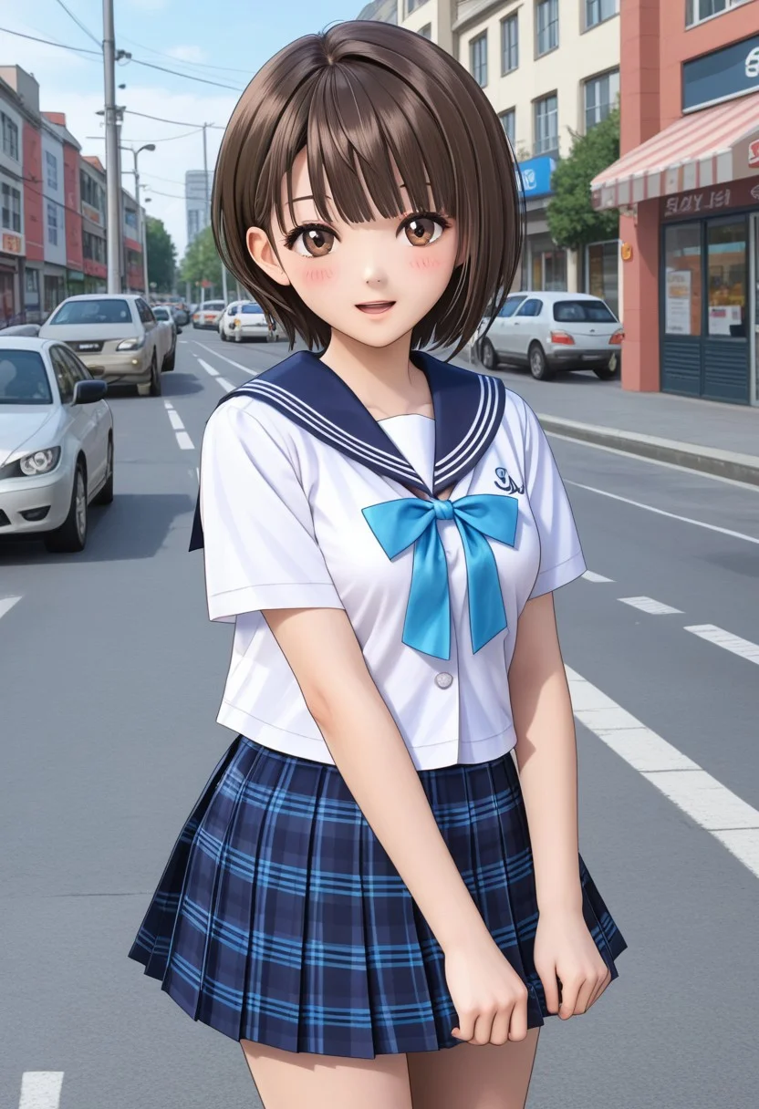 Shirai Hinako, 1girl, solo, looking at viewer, blush, short hair, bangs, skirt, pedestrian city, brown hair, shirt, shop background, ribbon, brown eyes, closed mouth, school uniform, standing, white shirt, short sleeves, pleated skirt, serafuku, sailor collar, blue skirt, plaid, kneehighs, plaid skirt, blue sailor collar, black socks, loafers, <lora:Shirai_Hinako_Blue_Reflection_Pony:0.7> anime color, seductive smile, (kishida mel), open mouth, medium breast, sexy pose, <lora:HandFixer_pdxl_Incrs_v1:1> slender girl, thin body, medium skirt, tall girl, thin face,