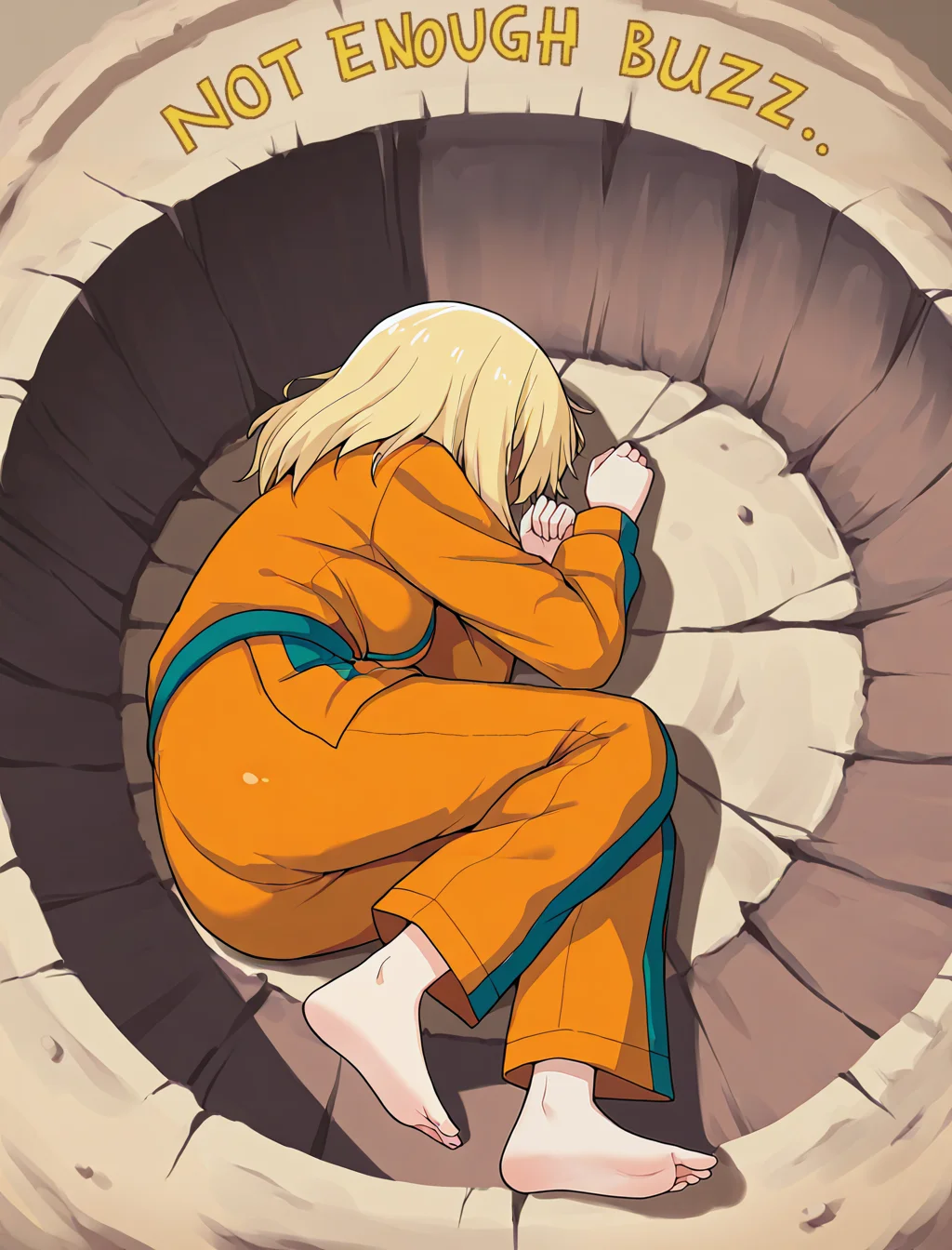masterpiece, best quality, amazing quality, very aesthetic, absurdres, highres, shiny skin, 1girl, solo, blonde hair, medium hair, bangs, <lora:yamcha-pose-ponyxl-lora-nochekaiser:1> yamcha pose, yamcha pose (meme), crater, meme, on side, defeat, lying, on ground, on floor, looking away, hair covering eyes, obscured face, orange gi