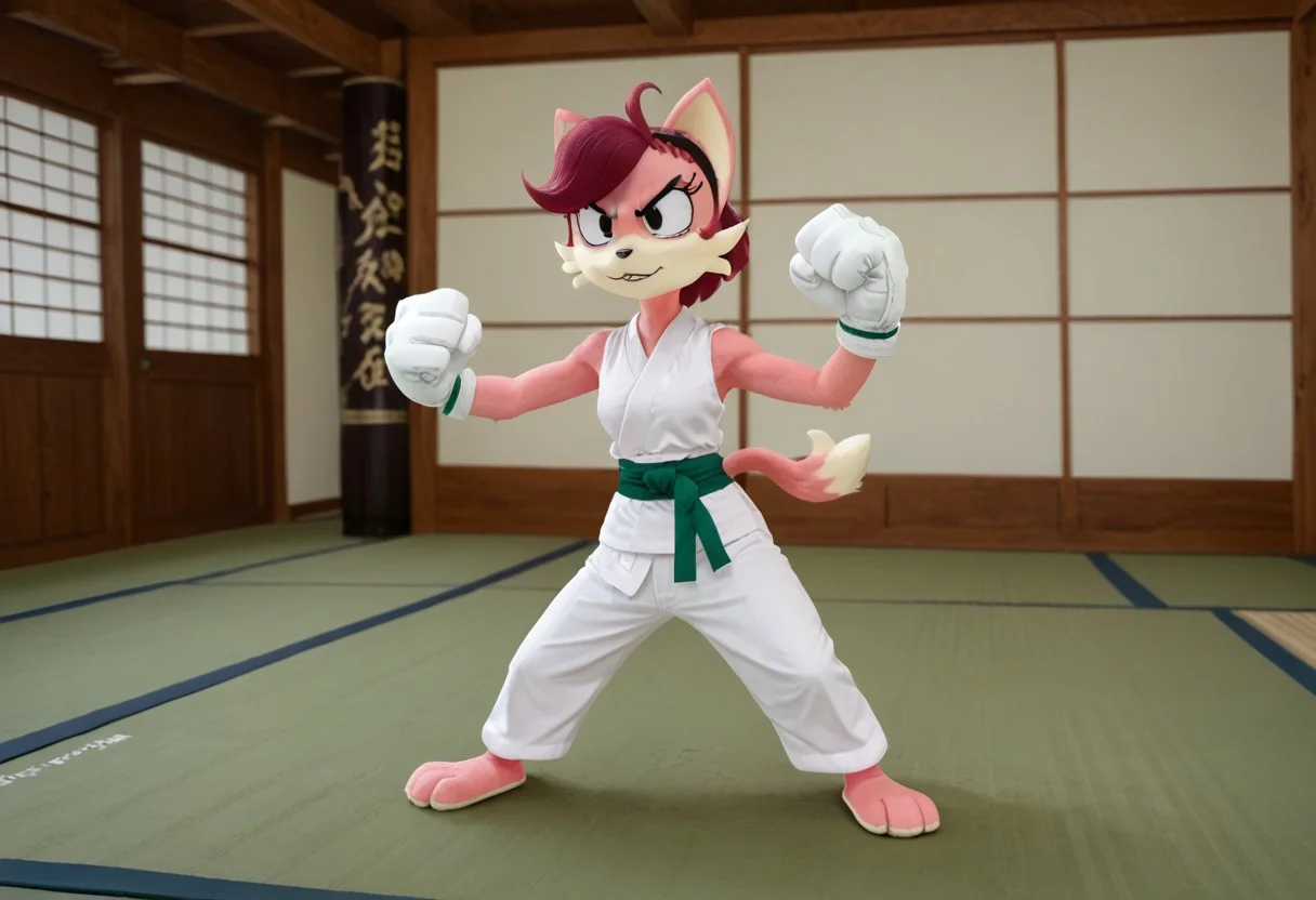 BREAK Sarah,Sarah N. Dippity,short hair, furry female, female, furry, dipstick tail, black eyes, pink fur, white gloves, white karate gi, green karate belt, slim, tail, toony, slim waist, bubble butt,
BREAK Sarah is standing in the middle of the karate jojo arena doing a drunken fist pose, drunken fist, Sarah is drunk and there is a jug of sake in the corner of the room, Sarah is looking and facing towards the viewer,
BREAK traditional karate dojo,
