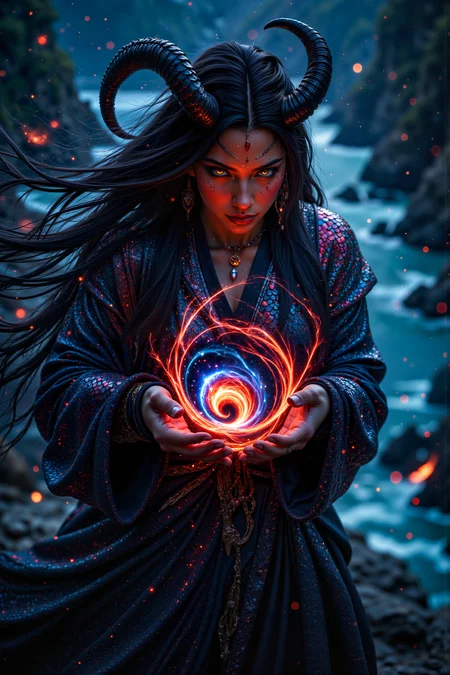 A hyper-realistic portrait, photorealistic photo close-up image of A middle-aged tiefling woman with deep, crimson skin, sharp horns, and long, flowing black hair stands on a rocky outcrop overlooking a vast, glowing ocean of liquid light. She is dressed in a robe made of shimmering, iridescent scales that catch and reflect the light of the ocean, creating a dazzling display of colors. Her golden eyes burn with intensity as she cradles a small, swirling vortex of stars and galaxies in her hands, the miniature cosmos spinning slowly as if held together by her will alone. The ocean below shifts and changes, its surface alive with the movement of countless glowing creatures that dance in the light. The sky above is a deep, twilight blue, with distant stars twinkling faintly. The tieflingâs otherworldly appearance and the strange, cosmic object she holds create an image of dark beauty and celestial power, a figure who seems to command the very forces of the universe. (photography, high-resolution, dynamic, energetic,hyper-realistic, dramatic lighting, shallow depth of field.), detailmaximizer, MythP0rt<lora:midjourney_whisper_flux_lora_v01:0.55><lora:aidmaMJ6.1-FLUX-V0.1:0.4><lora:FluxMythP0rtr4itStyle:0.4><lora:detailed_flux_ntc:2.2><lora:aidmaImageUpgrader-FLUX-V0.1:0.65>
