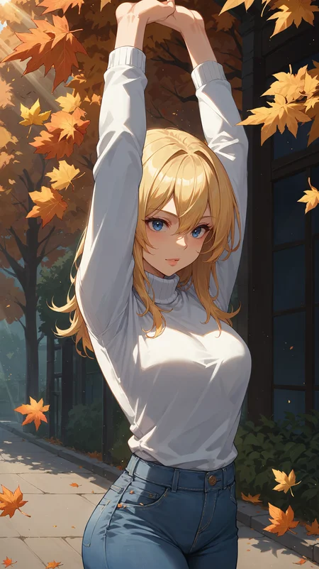 score_9,score_8_up,score_7_up,score_6_up, <lora:xl_more_art-full_v1:0.5>, source_anime, girl, dynamic pose, stretching, <lora:Namine - Pony-000004:0.8>, medium hair, long hair, blonde hair, hair between eyes, blue eyes, white sweater, turtleneck sweater, jeans, autumn leaves, light rays,