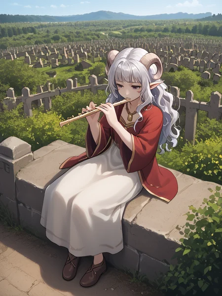 source_furry, score_7_up, rating_safe, sitting, <lora:Graveyard:1>graveyard:1.5, day,
anime face,<lora:whisker_markings:0.8>red whisker_markings, silver long wavy hair, bell necklace, short pointy ears, purple eyes, <lora:age_slider_v4:0.6>
<lora:Smooth Style 2 SDXL_LoRA_Pony Diffusion V6 XL:0.3> full body, sad, close up:1.3 ,<lora:flute:0.8> flute:1.3, holding instrument:1.3,
<lora:Test_Diana:0.8> tiefling_bard_diana, from above:1.2,