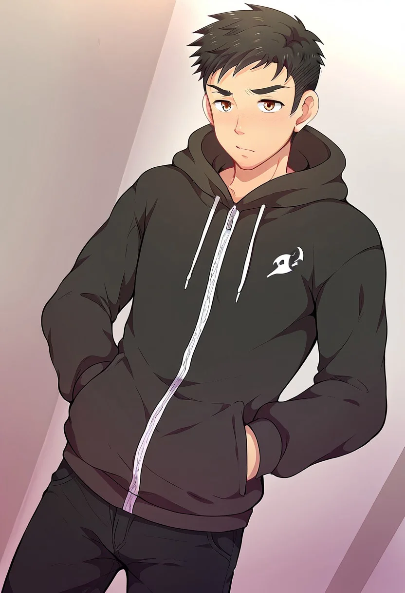 harmard, black hair, short hair, brown eyes, 1boy, solo, solo focus, jacket, black pants, young, mikkoukun