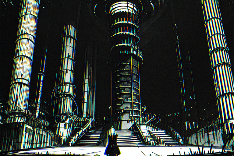 highly insanely detailed, masterpiece, top quality, best quality, highres, 4k, 8k, RAW photo, (very aesthetic, beautiful and aesthetic),  
tsutomu nihei,nihei_tsutomu,blame!,blame gakuen!,abara,TNstyle,sidonia_no_kishi,(sidonia \(ship\),deep horizon,tower,mausoleum,tunnel,hangar,megastructure in background,stairs,city ruins,giant room,space,spacecraft,lab),fence,bridge,lantern,empty,no human,blm,dystopia,destroyed,open space, 
<lora:ABARA:0.5>, 
(1girl:1.3), 
solo focus, 
crowded train interior,silver blonde background,âââ