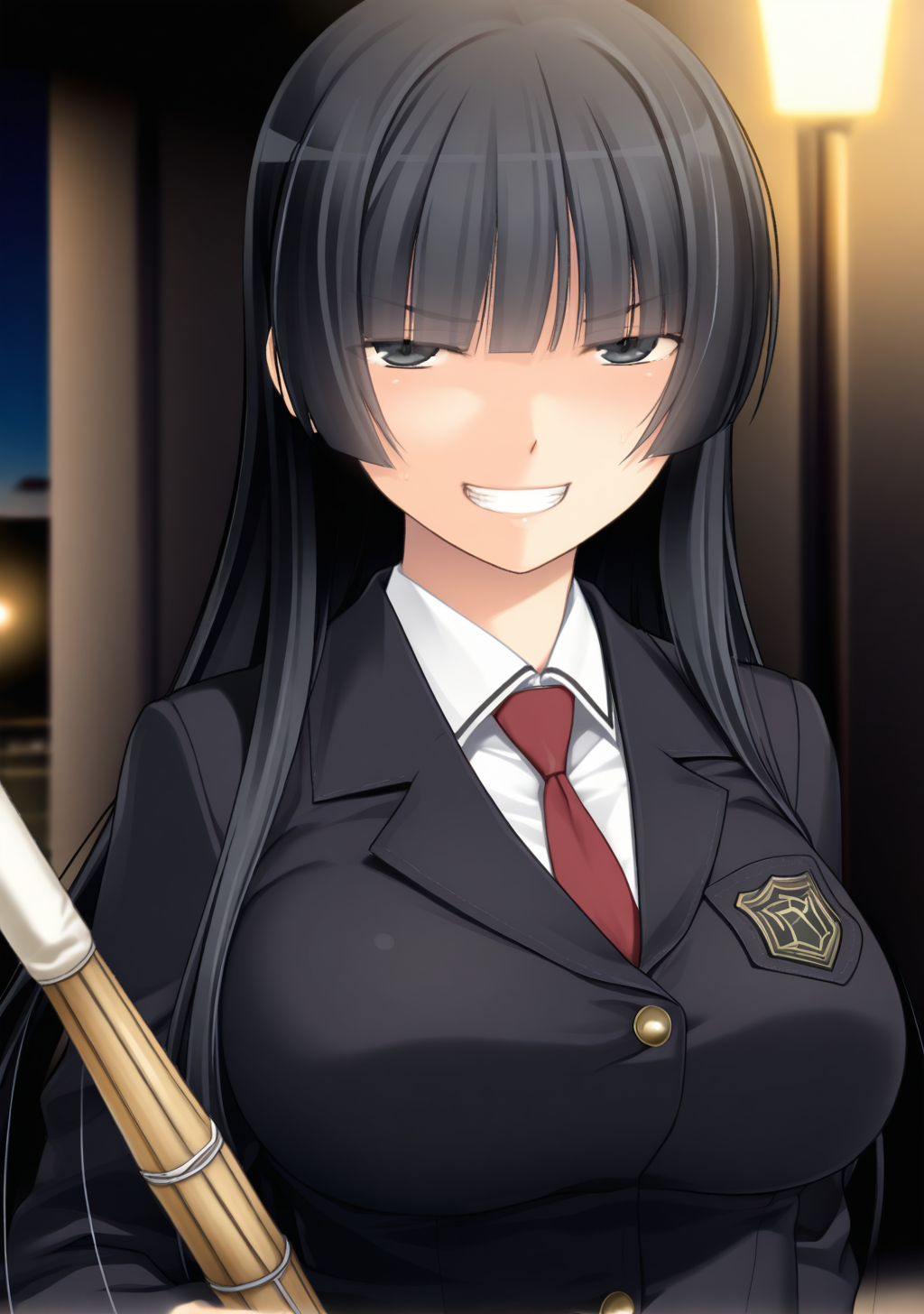 masterpiece, best quality, absurdres, perfect lighting,shiny skin,<lora:StS-Illustrious-Detail-Slider-v1.0:3>,<lora:illustrious_noobai_epsilon_pred_1_best_quality_v1:1>,1girl,large breasts,shizuku, black hair, long hair,blazer ,blunt bangs,black eyes,<lora:shizuku:1>,school uniform,red necktie,skirt,black pantyhose,shinai,looking at viewer,grin,evil smile,looking at viewer, depth of field,night,dimlighting,ruin,school,upper body,