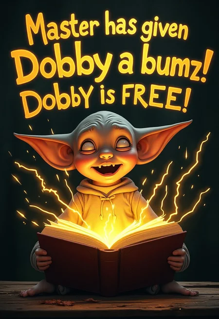 hyp3rd3tail style, Create an image inspired by a magical twist on the Harry Potter universe. In the center, depict Dobby the house elf with teary, joyful eyes, holding an open book radiating bright yellow lightning bolts. The light from the bolts illuminates the scene with a golden glow, contrasting against a dark, mystical background. Above Dobby, add a bold, whimsical text that reads: "Master has given Dobby a buzz! Dobby is free!" Make the composition heartwarming and magical, capturing the themes of freedom and wonder.