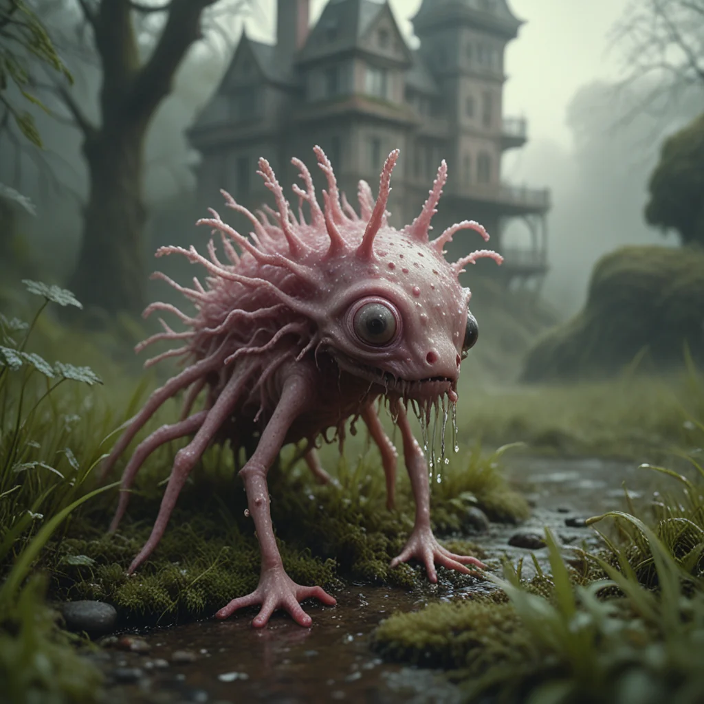 pink PXDlichenmutant, wet, scary, hiding in grass, amazing nature, natural lighting, big leaf, analog photo, detailed 4k, gothic creature, moss, stream, water, intricate image details, dripping water, haze, fog, low angle, impressive,