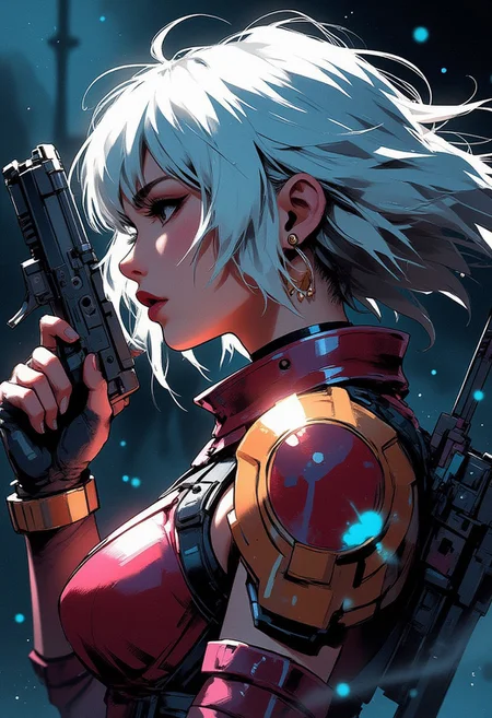 Special Ink-drawing mode, intricate linework with expressive contrasts, Mh1$AgThS2, a punk Japanese sci-fi soldier, white spiked messy bobbed hair, sidelocks, bangs, earrings, dark eyeshadow, bright crimson lips, studded choker, extreme closeup side portrait, seductive, sexy red and gold power armour, holding sci-fi blaster pistol, silhouetted, chiascuro, bokeh, professional photography, dark background, directional blue lighting