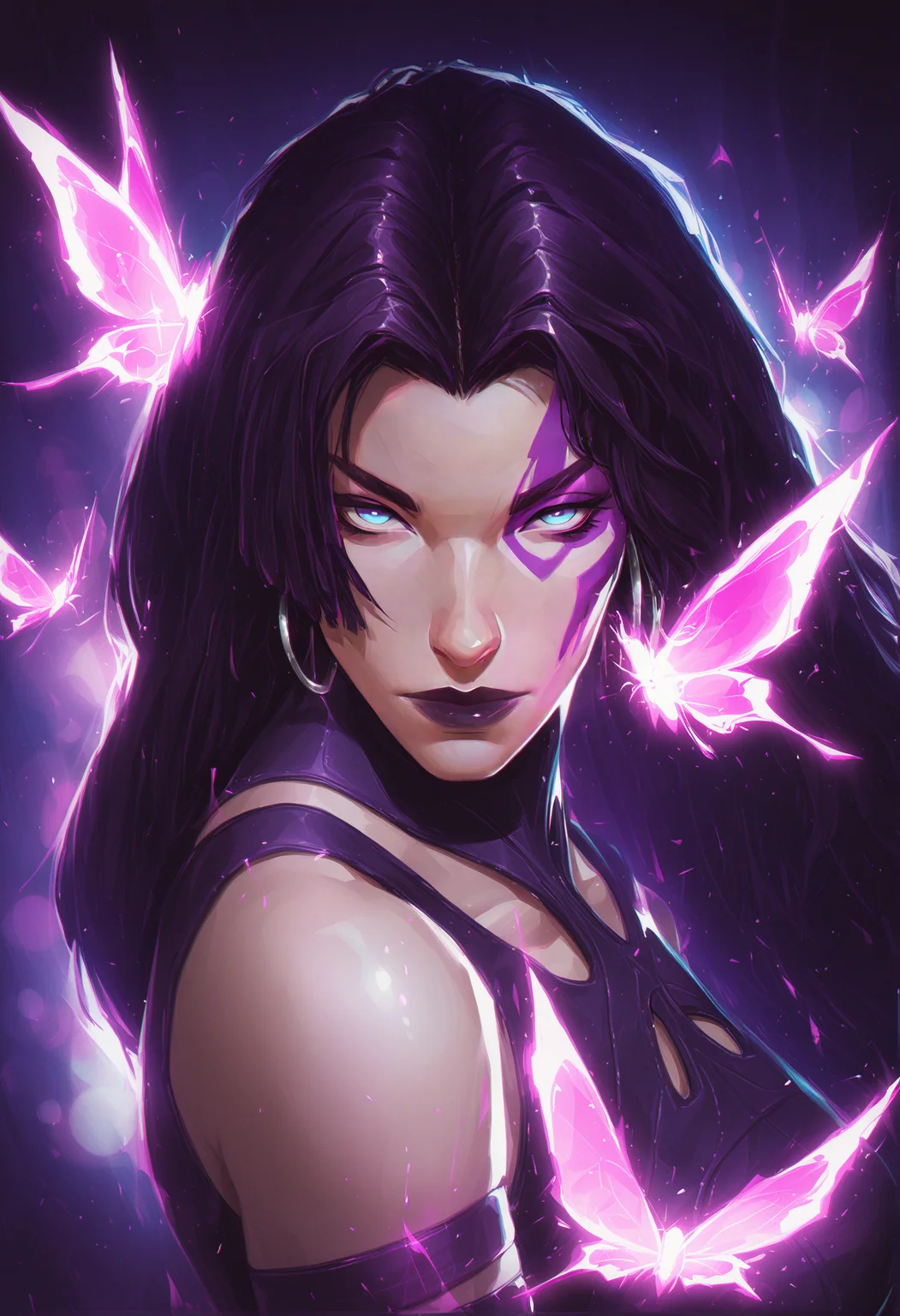(EyesHD:1.2), (4k,8k,Ultra HD), ultra detailed, masterpiece, best quality, amazing quality, highres, absurdres, very aesthetic, very awa, western, cartoon, shiny skin, skindentation, nosima, laurelin, nilual, chromatic aberration, glowing,, 1girl, solo, psylocke_vengeance, blue eyes, black hair, straight hair, long hair, hoop earrings, jewelry,
BREAK,
looking at viewer, face focus, close up,, bokeh, luminescent background, glowing butterfly,, raytracing, hyper detailed, volumetric lighting, lazypos, intricate details, dark shadows, high contrast, <lora:PsylockeVengeance_Illu_Dwnsty:0.8000000000000002> <lora:laurelin-guy90-Illust-LoraV1:0.45000000000000007> <lora:AmiThompson-adafactor-guy90:0.30000000000000004> <lora:Dramatic_Lighting_Slider:0.45000000000000007> <lora:spo_sdxl_10ep_4k-data_lora_webui:1.2000000000000002>